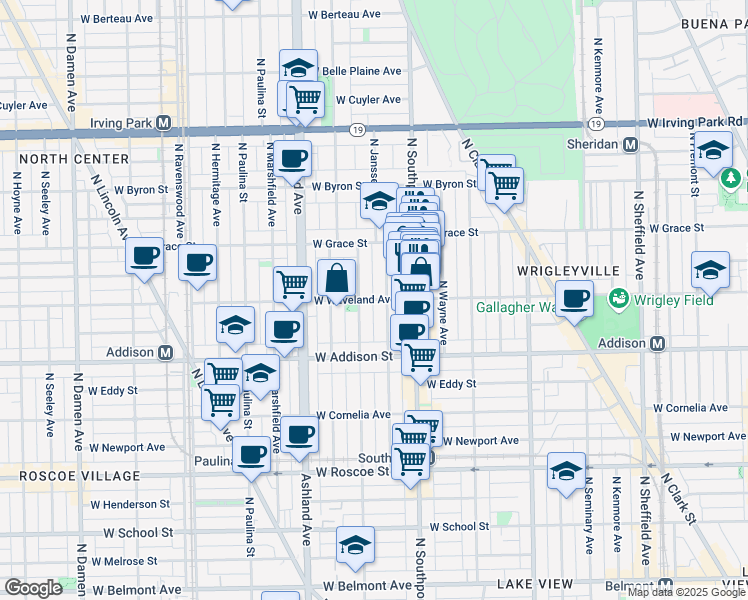 map of restaurants, bars, coffee shops, grocery stores, and more near 1450 West Waveland Avenue in Chicago