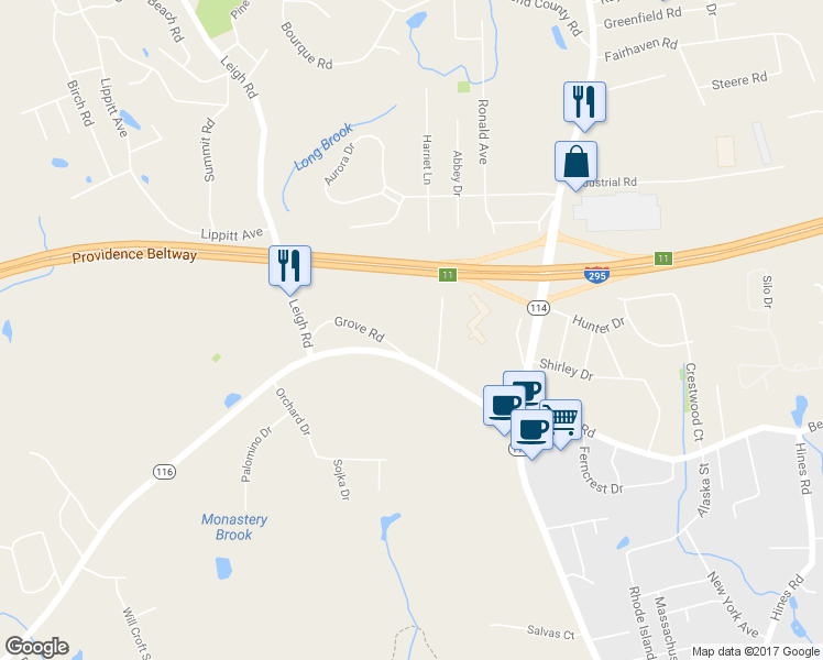 map of restaurants, bars, coffee shops, grocery stores, and more near 24 Grove Road in Cumberland