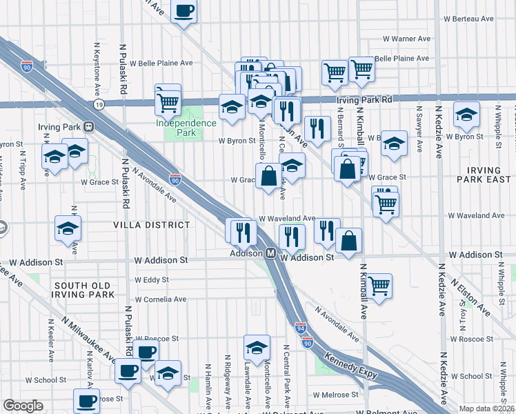 map of restaurants, bars, coffee shops, grocery stores, and more near 3719 North Monticello Avenue in Chicago