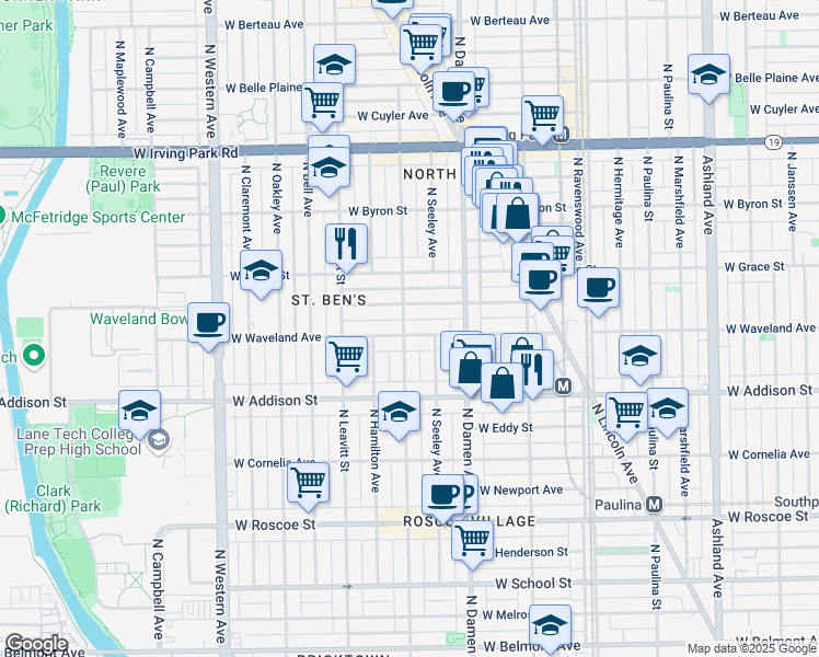 map of restaurants, bars, coffee shops, grocery stores, and more near 3703 North Hoyne Avenue in Chicago