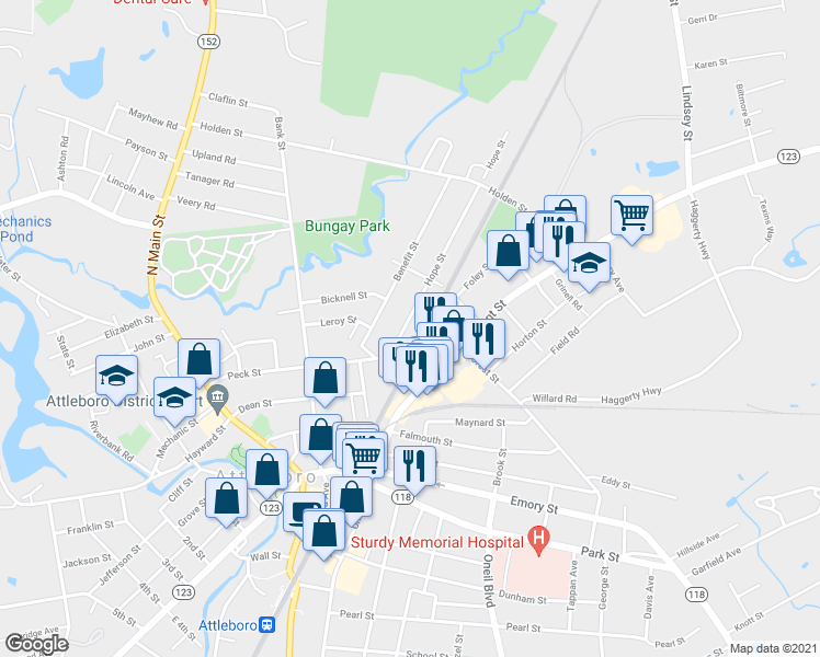 map of restaurants, bars, coffee shops, grocery stores, and more near 15 Hope Street in Attleboro