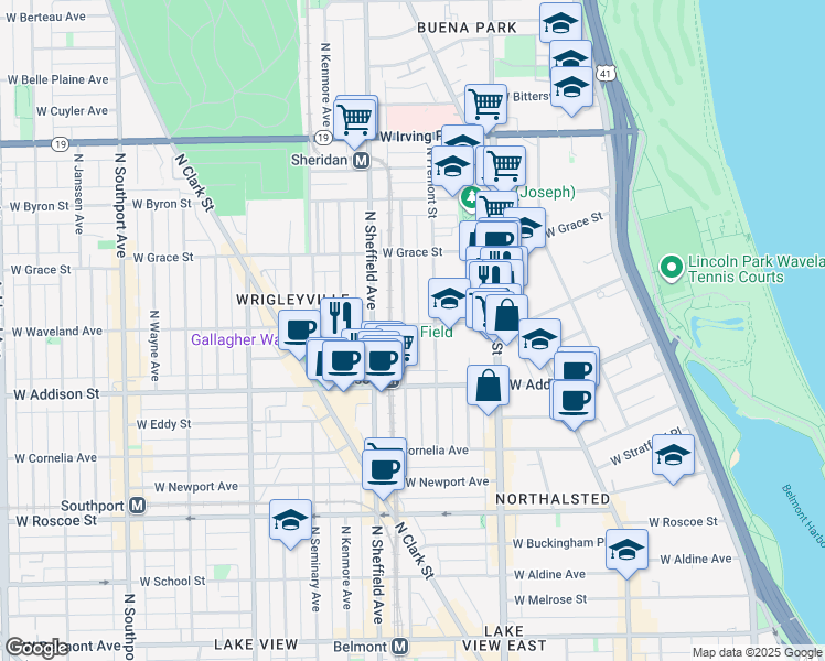 map of restaurants, bars, coffee shops, grocery stores, and more near 3656 North Fremont Street in Chicago