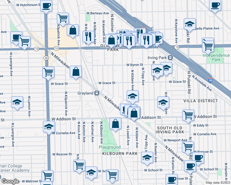 map of restaurants, bars, coffee shops, grocery stores, and more near 3735 North Kostner Avenue in Chicago