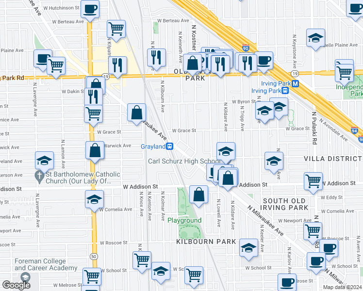 map of restaurants, bars, coffee shops, grocery stores, and more near 3709 North Kenneth Avenue in Chicago