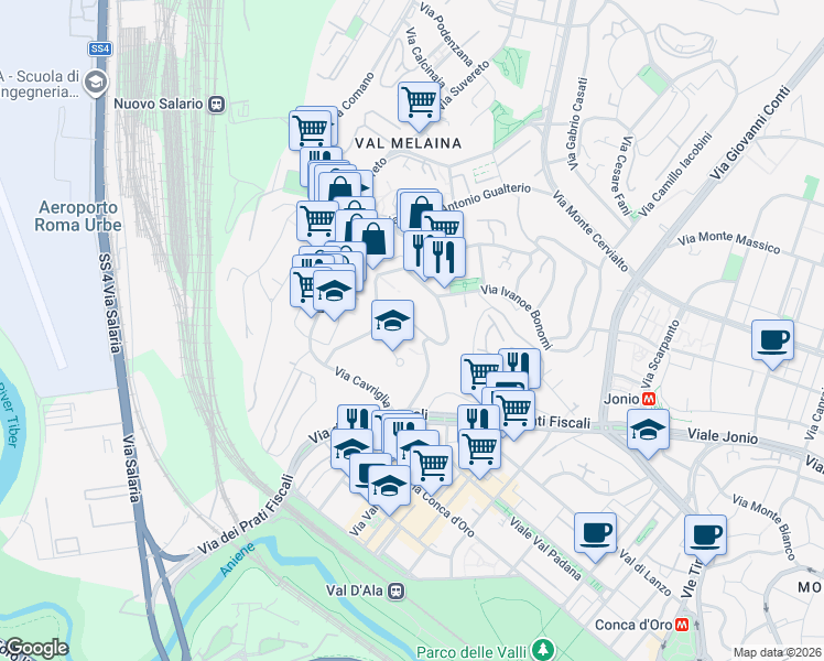 map of restaurants, bars, coffee shops, grocery stores, and more near 25 Via Angelo Baldassarri in Roma