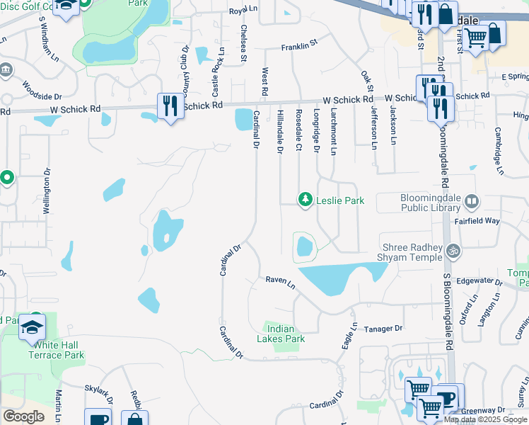 map of restaurants, bars, coffee shops, grocery stores, and more near 209 Cardinal Dr in Bloomingdale