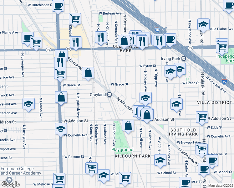 map of restaurants, bars, coffee shops, grocery stores, and more near 3733 North Milwaukee Avenue in Chicago