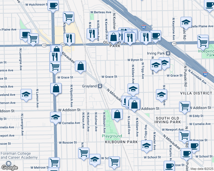 map of restaurants, bars, coffee shops, grocery stores, and more near 3705 North Kenneth Avenue in Chicago