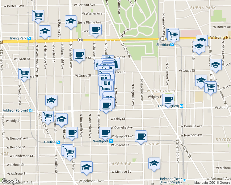 map of restaurants, bars, coffee shops, grocery stores, and more near W Waveland Ave & N Wayne Ave in Chicago