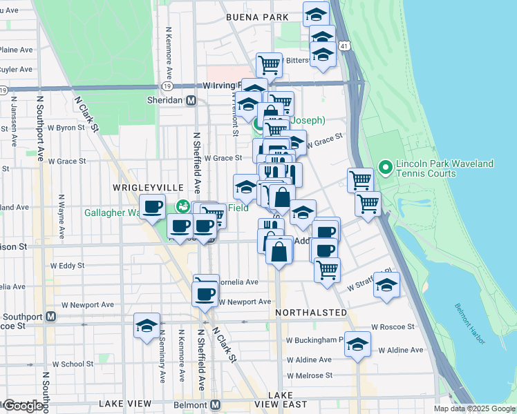map of restaurants, bars, coffee shops, grocery stores, and more near 842 West Waveland Avenue in Chicago