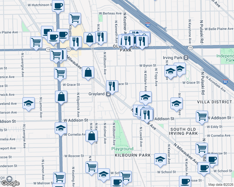 map of restaurants, bars, coffee shops, grocery stores, and more near 3709 North Kenneth Avenue in Chicago