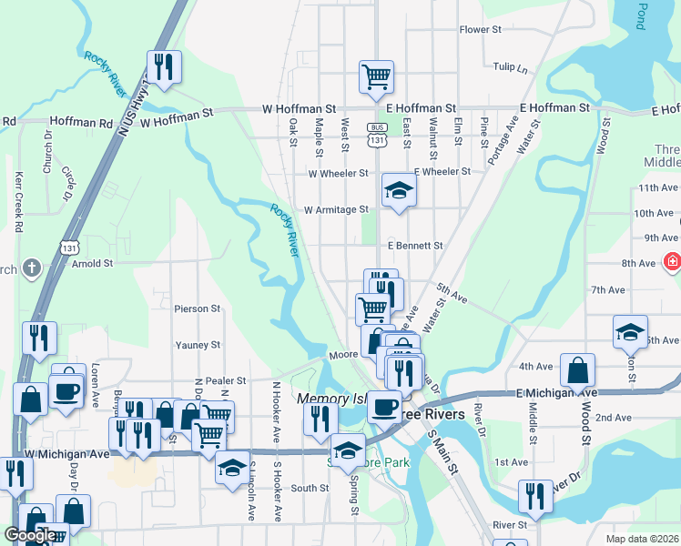 map of restaurants, bars, coffee shops, grocery stores, and more near 306 West Street in Three Rivers