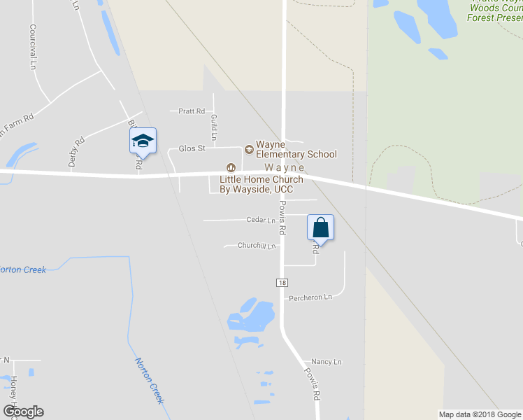 map of restaurants, bars, coffee shops, grocery stores, and more near 32W050 Cedar Lane in Wayne