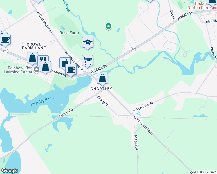 map of restaurants, bars, coffee shops, grocery stores, and more near 34R South Worcester Street in Norton