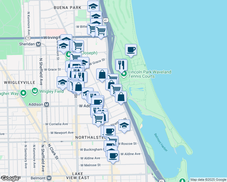 map of restaurants, bars, coffee shops, grocery stores, and more near Lakefront Trail in Chicago