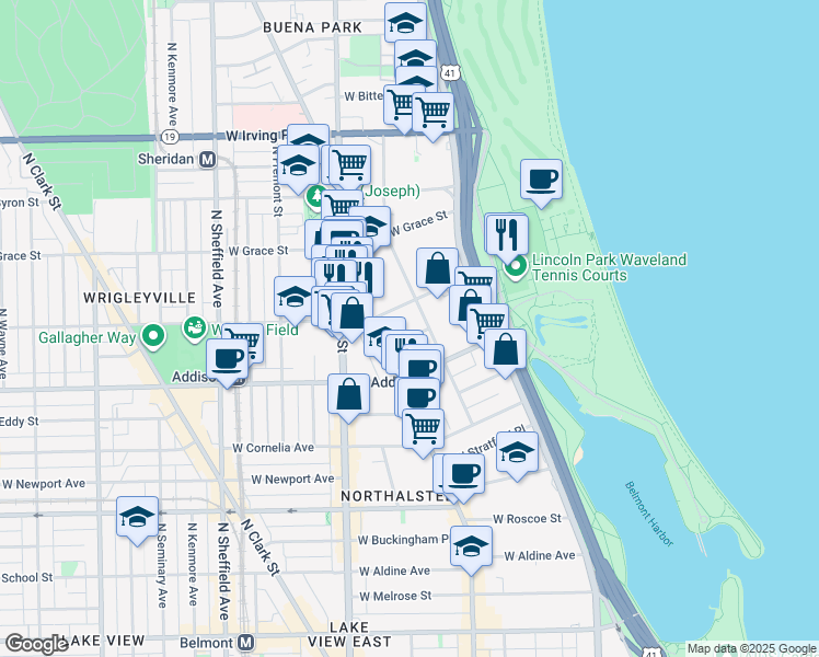 map of restaurants, bars, coffee shops, grocery stores, and more near 604 West Patterson Avenue in Chicago