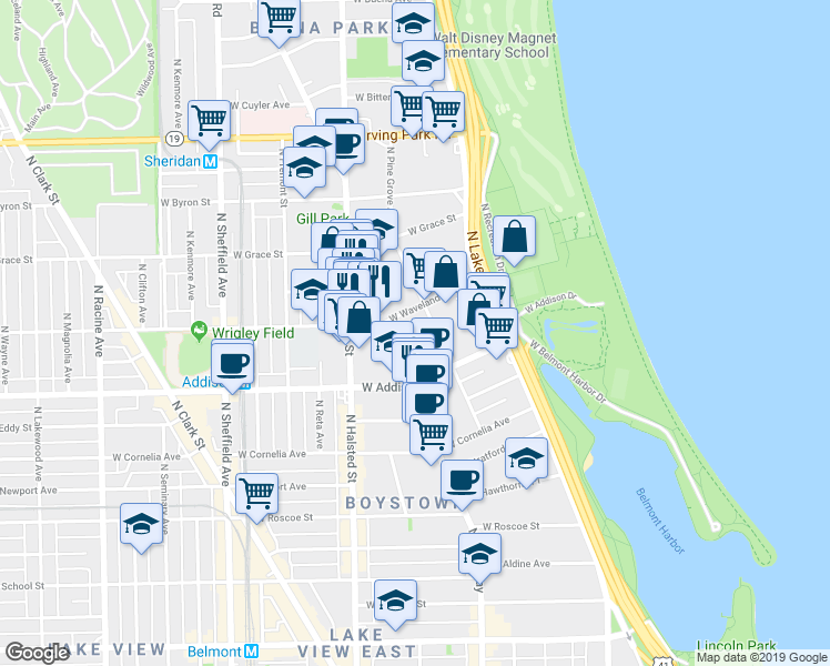 map of restaurants, bars, coffee shops, grocery stores, and more near 604 West Patterson Avenue in Chicago