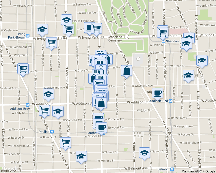 map of restaurants, bars, coffee shops, grocery stores, and more near 1336 West Waveland Avenue in Chicago