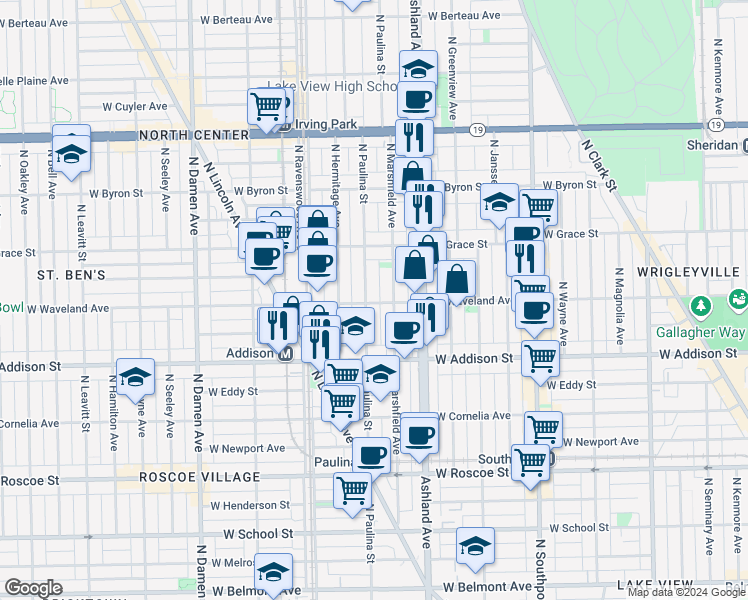 map of restaurants, bars, coffee shops, grocery stores, and more near 3704 North Marshfield Avenue in Chicago