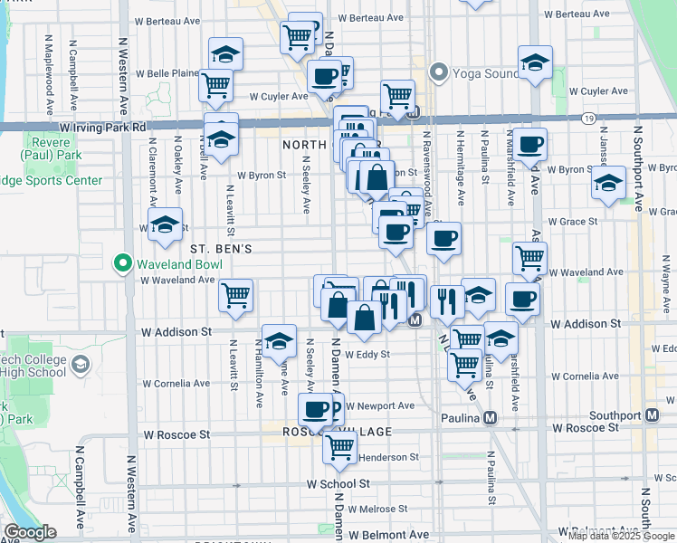 map of restaurants, bars, coffee shops, grocery stores, and more near 1942 West Waveland Avenue in Chicago