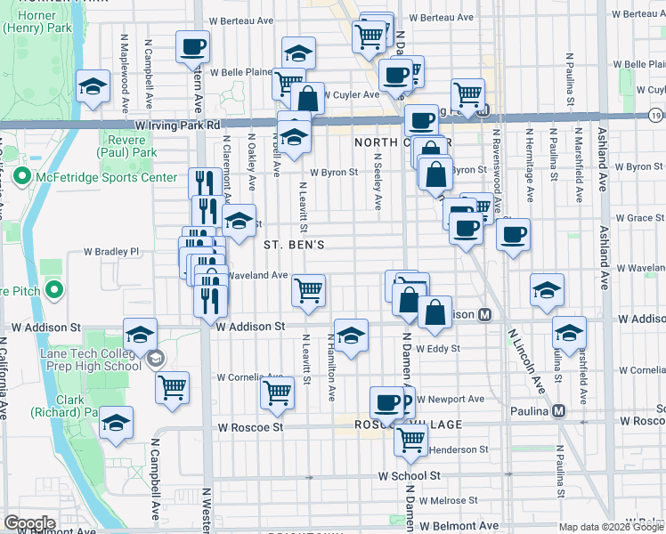 map of restaurants, bars, coffee shops, grocery stores, and more near 2136 West Waveland Avenue in Chicago