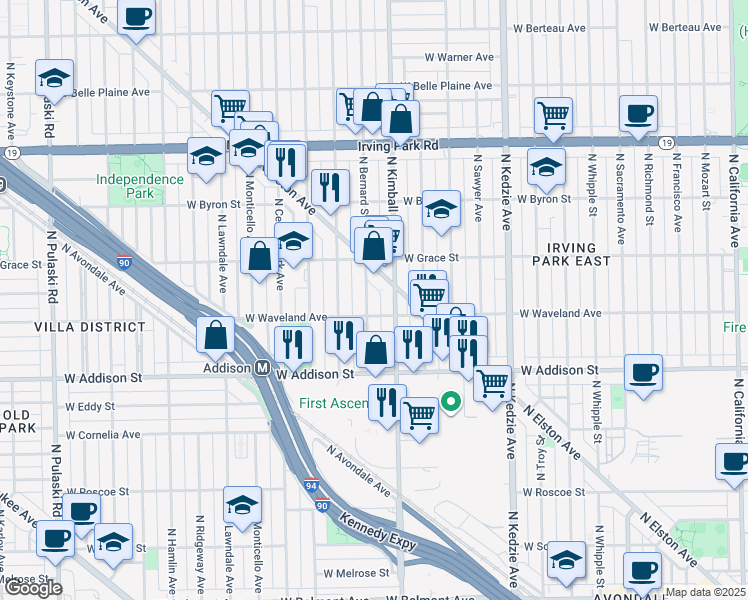 map of restaurants, bars, coffee shops, grocery stores, and more near 3721 North Bernard Street in Chicago