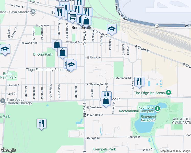map of restaurants, bars, coffee shops, grocery stores, and more near 331 South York Road in Bensenville