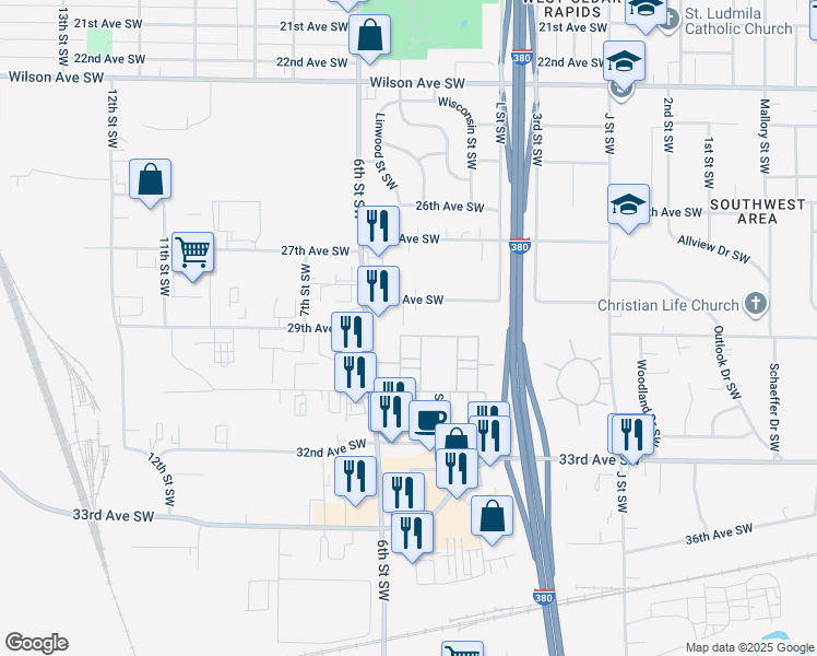 map of restaurants, bars, coffee shops, grocery stores, and more near 2840 Cory Court Southwest in Cedar Rapids