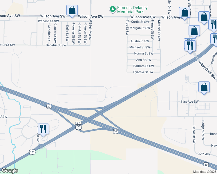 map of restaurants, bars, coffee shops, grocery stores, and more near 5206 Ruhd Street Southwest in Cedar Rapids