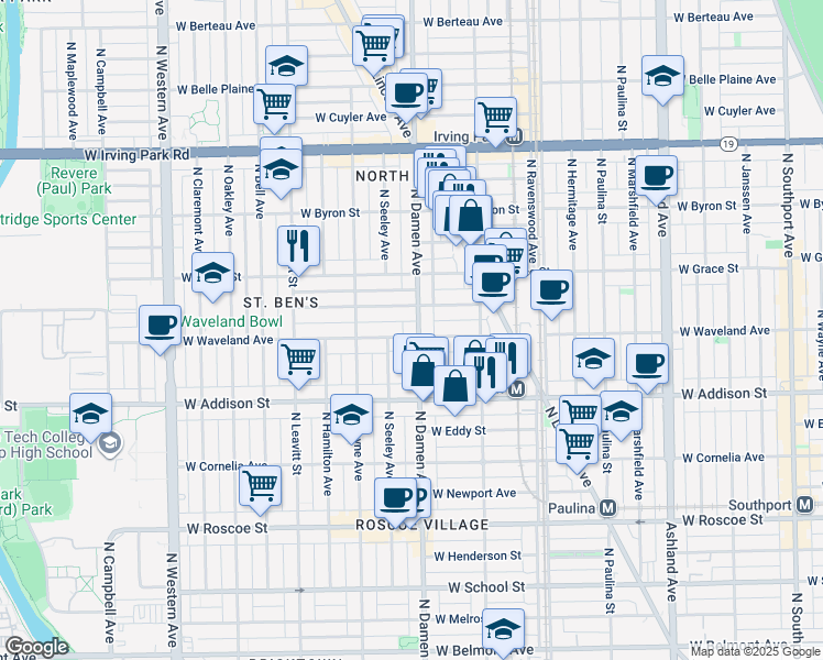 map of restaurants, bars, coffee shops, grocery stores, and more near 3704 North Damen Avenue in Chicago