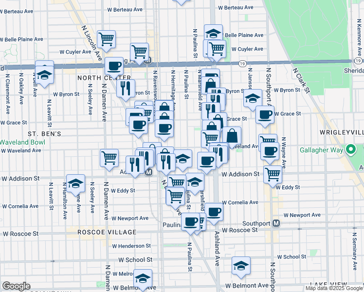 map of restaurants, bars, coffee shops, grocery stores, and more near 1708 West Waveland Avenue in Chicago
