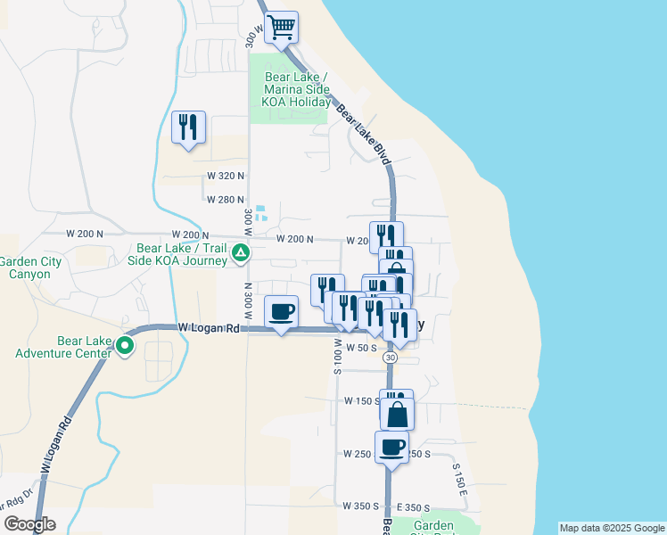 map of restaurants, bars, coffee shops, grocery stores, and more near 129 North 100 West Street in Garden City
