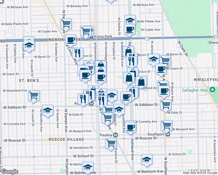 map of restaurants, bars, coffee shops, grocery stores, and more near 1714 West Waveland Avenue in Chicago