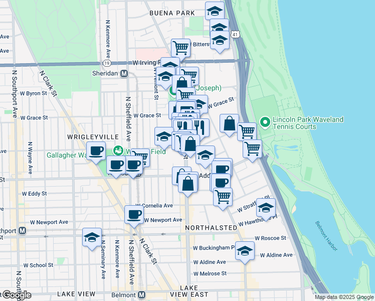 map of restaurants, bars, coffee shops, grocery stores, and more near 3659 North Halsted Street in Chicago