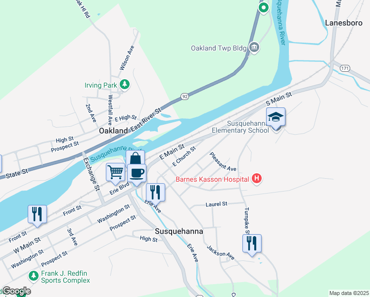 map of restaurants, bars, coffee shops, grocery stores, and more near 175 East Church Street in Susquehanna