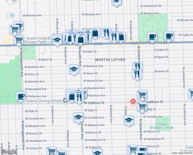 map of restaurants, bars, coffee shops, grocery stores, and more near 5858 West Warwick Avenue in Chicago