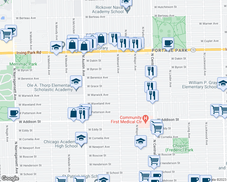 map of restaurants, bars, coffee shops, grocery stores, and more near 5816 West Warwick Avenue in Chicago