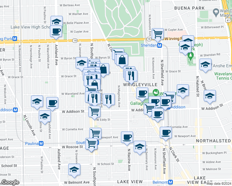 map of restaurants, bars, coffee shops, grocery stores, and more near 1255 West Waveland Avenue in Chicago