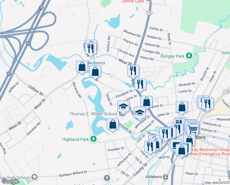 map of restaurants, bars, coffee shops, grocery stores, and more near 6 Milk Street in Attleboro