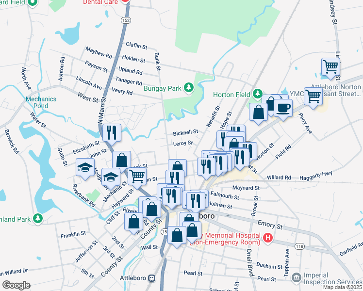 map of restaurants, bars, coffee shops, grocery stores, and more near 13 Leroy Street in Attleboro