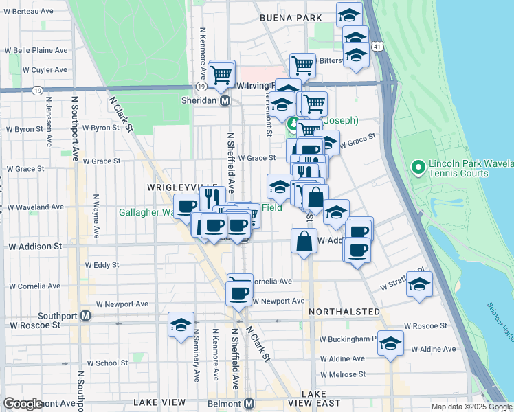 map of restaurants, bars, coffee shops, grocery stores, and more near 3656 North Fremont Street in Chicago