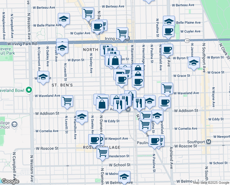 map of restaurants, bars, coffee shops, grocery stores, and more near 1906 West Waveland Avenue in Chicago