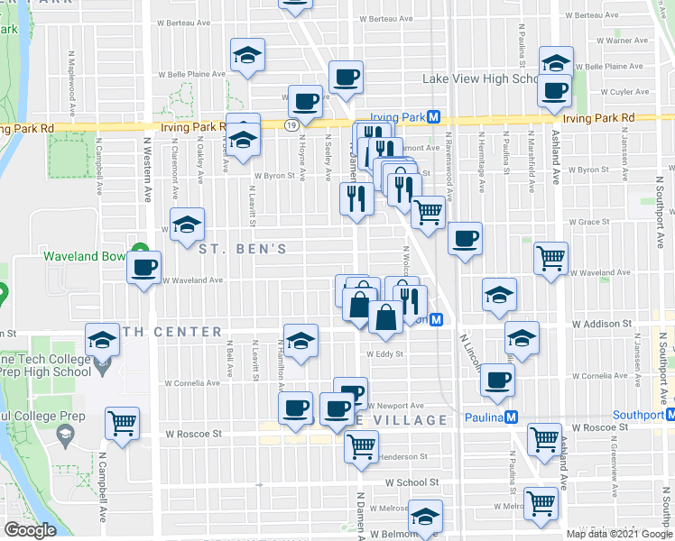 map of restaurants, bars, coffee shops, grocery stores, and more near 2020 West Waveland Avenue in Chicago
