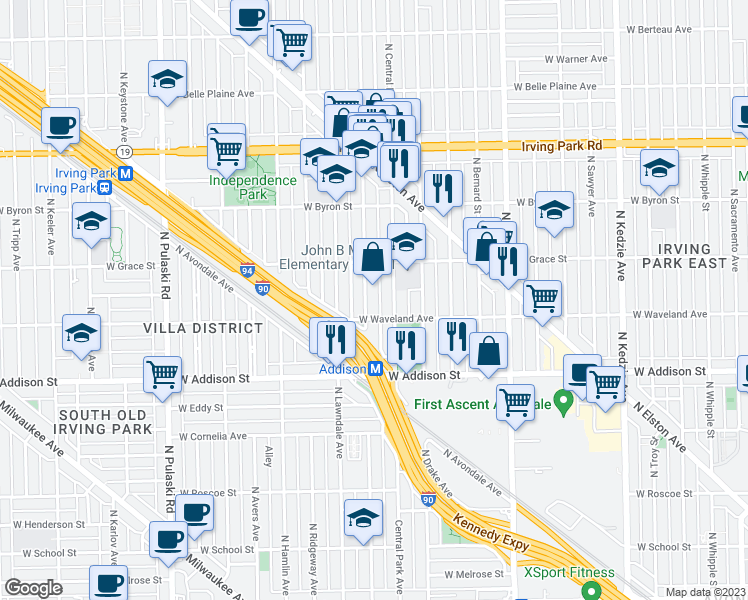 map of restaurants, bars, coffee shops, grocery stores, and more near 3719 North Monticello Avenue in Chicago
