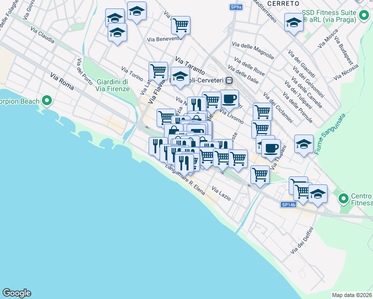 map of restaurants, bars, coffee shops, grocery stores, and more near 121 Via L. Odescalchi in Ladispoli