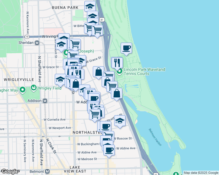 map of restaurants, bars, coffee shops, grocery stores, and more near Lakefront Trail in Chicago