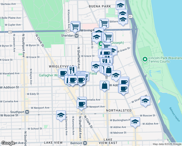 map of restaurants, bars, coffee shops, grocery stores, and more near 3656 North Fremont Street in Chicago