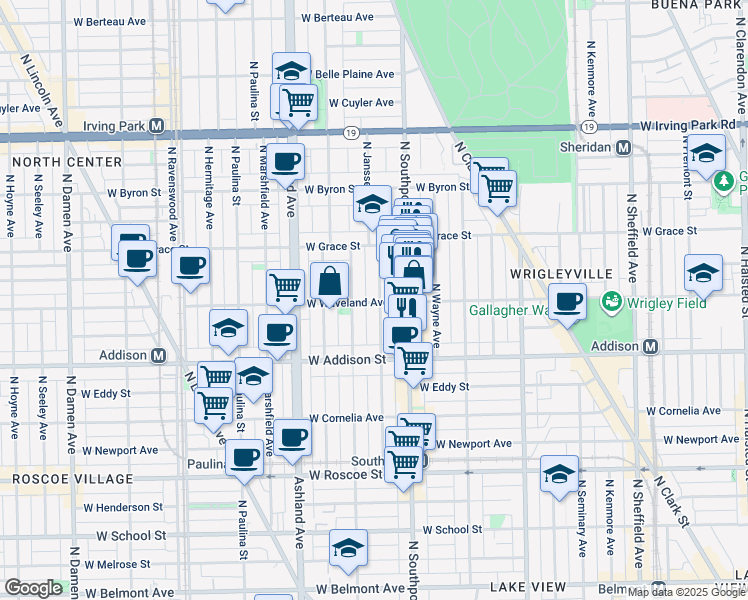 map of restaurants, bars, coffee shops, grocery stores, and more near 1440 West Waveland Avenue in Chicago