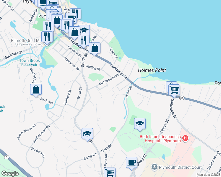 map of restaurants, bars, coffee shops, grocery stores, and more near 21 Bay View Avenue in Plymouth