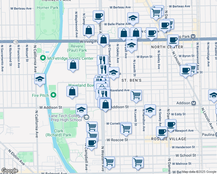 map of restaurants, bars, coffee shops, grocery stores, and more near 3710 North Claremont Avenue in Chicago